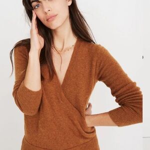 Madewell V-Neck Sweater in Rich Tan Wrap-Front Pullover Sweater in Coziest yarn
